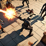 ** A strategic overhead view of a team of video game characters coordinating an attack. Highlight the synergy between different character classes and abilities, showing how combined critical hits create devastating combos. Emphasize teamwork and tactical depth.